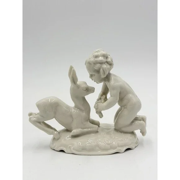 Hutschenreuther Kunstabteilung Putto w/Fawn German Porcelain Figurine Vtg 4”H